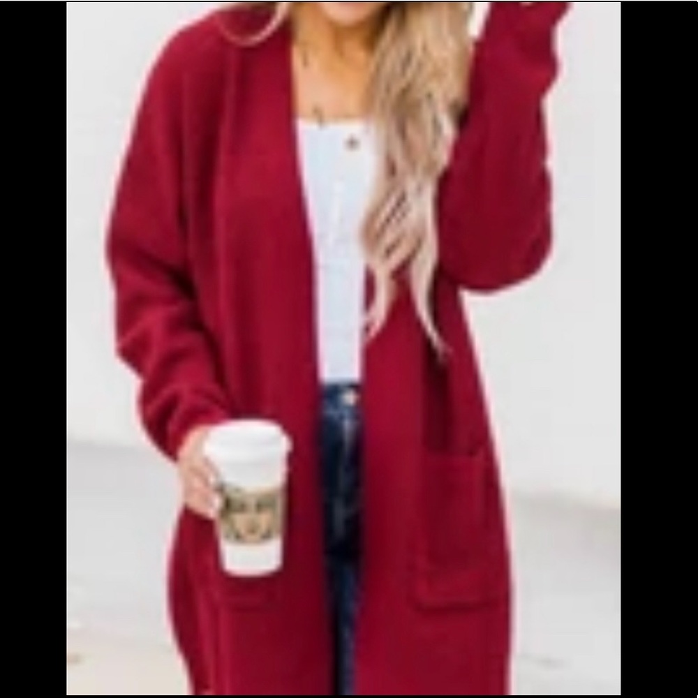 Pink Lily Late Night Walks Red Waffle Knit Cardigan Size S NWOT